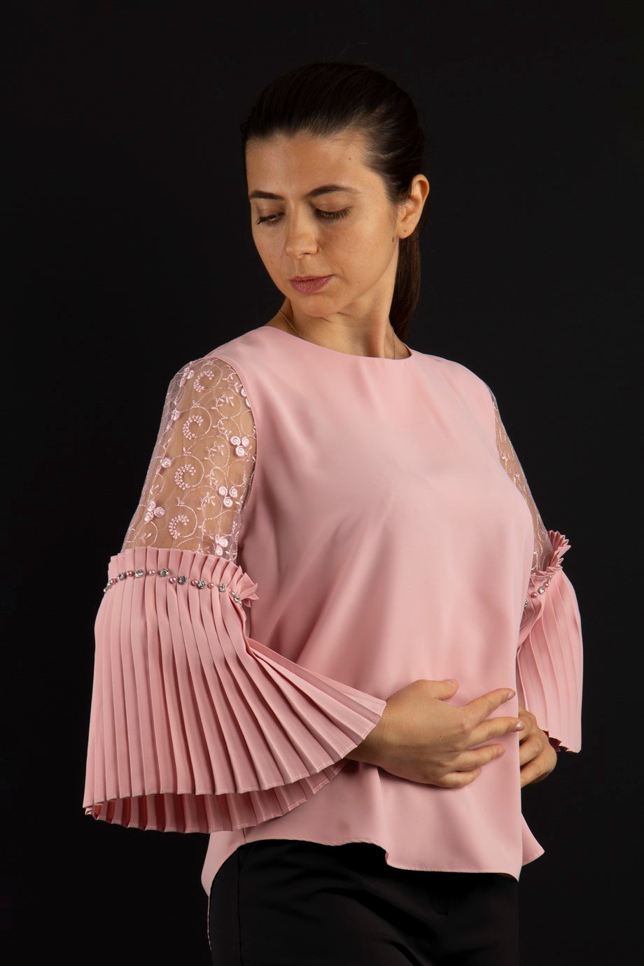 Boat Neck Pleated Lace Detail Sleeves Blouse - Powder