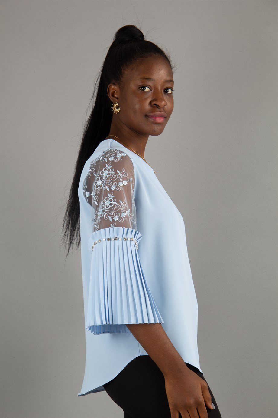 Boat Neck Pleated Lace Detail Sleeves Blouse - Baby Blue