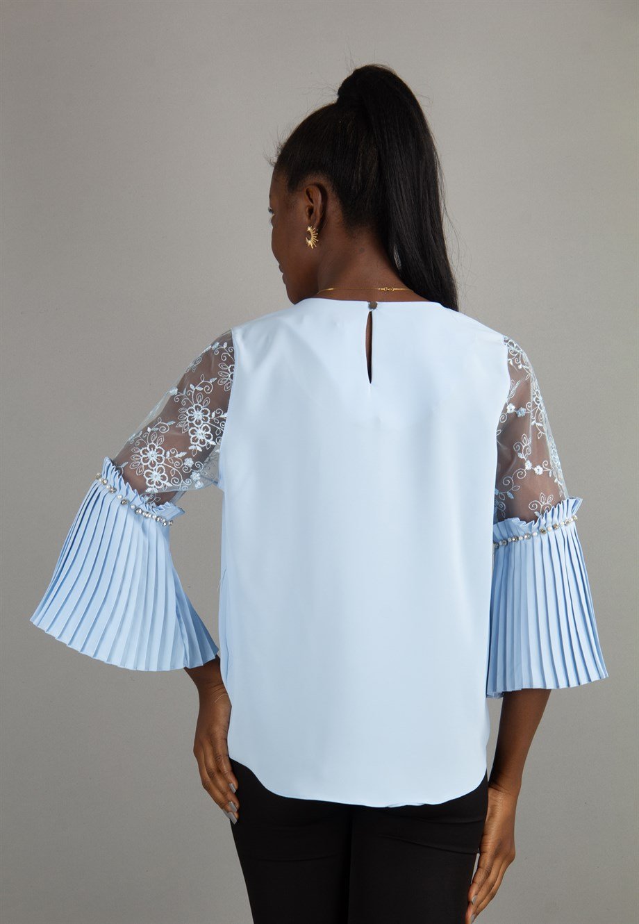 Boat Neck Pleated Lace Detail Sleeves Blouse - Baby Blue
