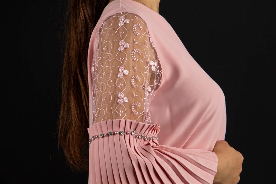 Boat Neck Pleated Lace Detail Sleeves Blouse - Powder