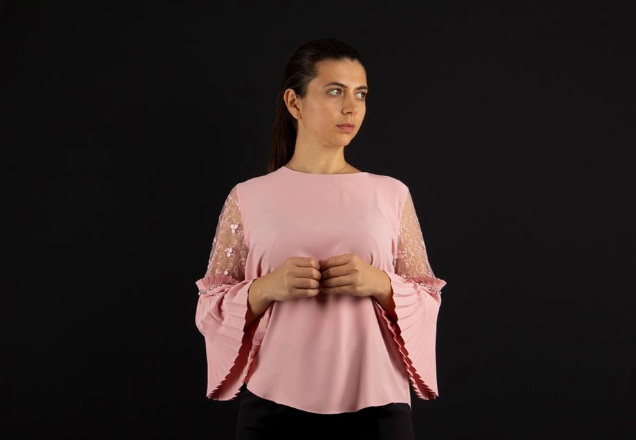 Boat Neck Pleated Lace Detail Sleeves Blouse - Powder