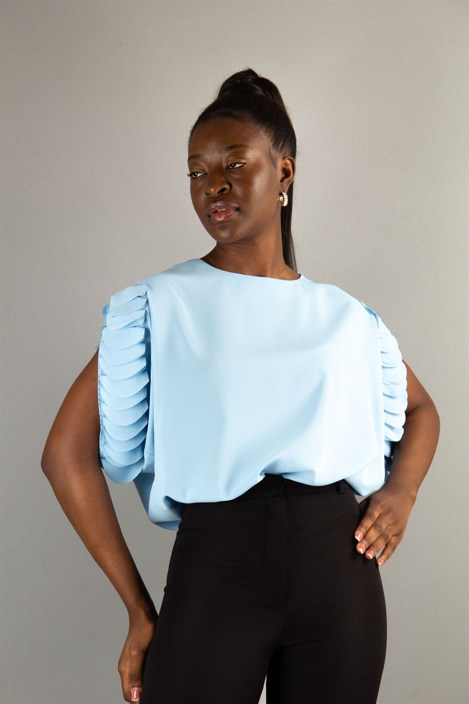 Boat Neck Ruffle Sleeve Blouse - Baby Blue