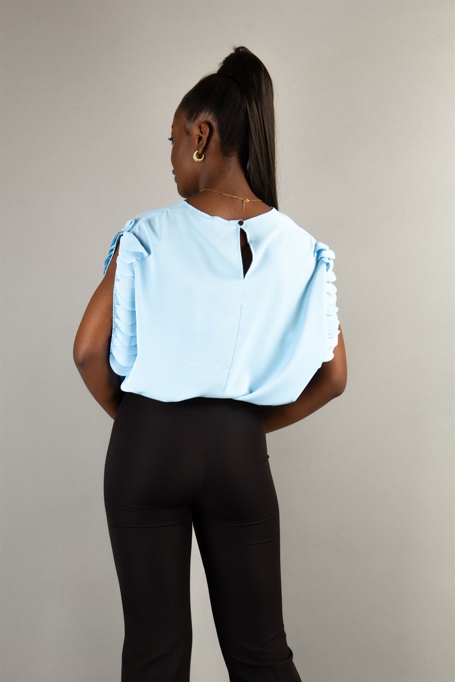 Boat Neck Ruffle Sleeve Blouse - Baby Blue