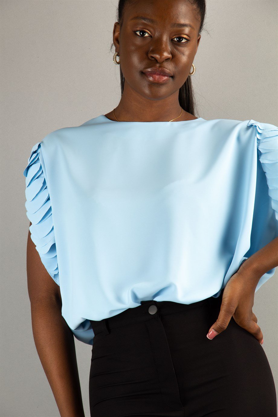 Boat Neck Ruffle Sleeve Blouse - Baby Blue