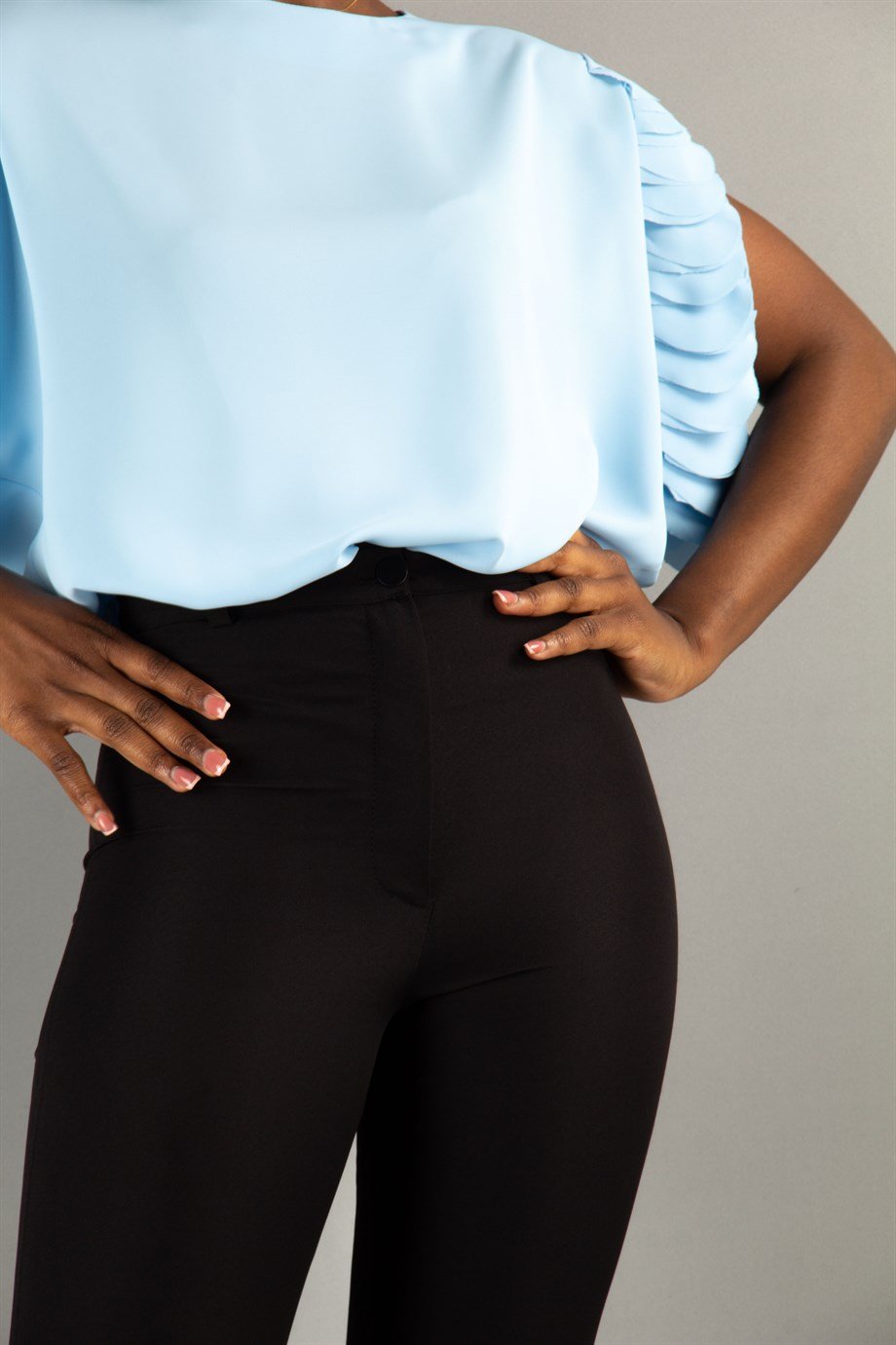 Boat Neck Ruffle Sleeve Blouse - Baby Blue