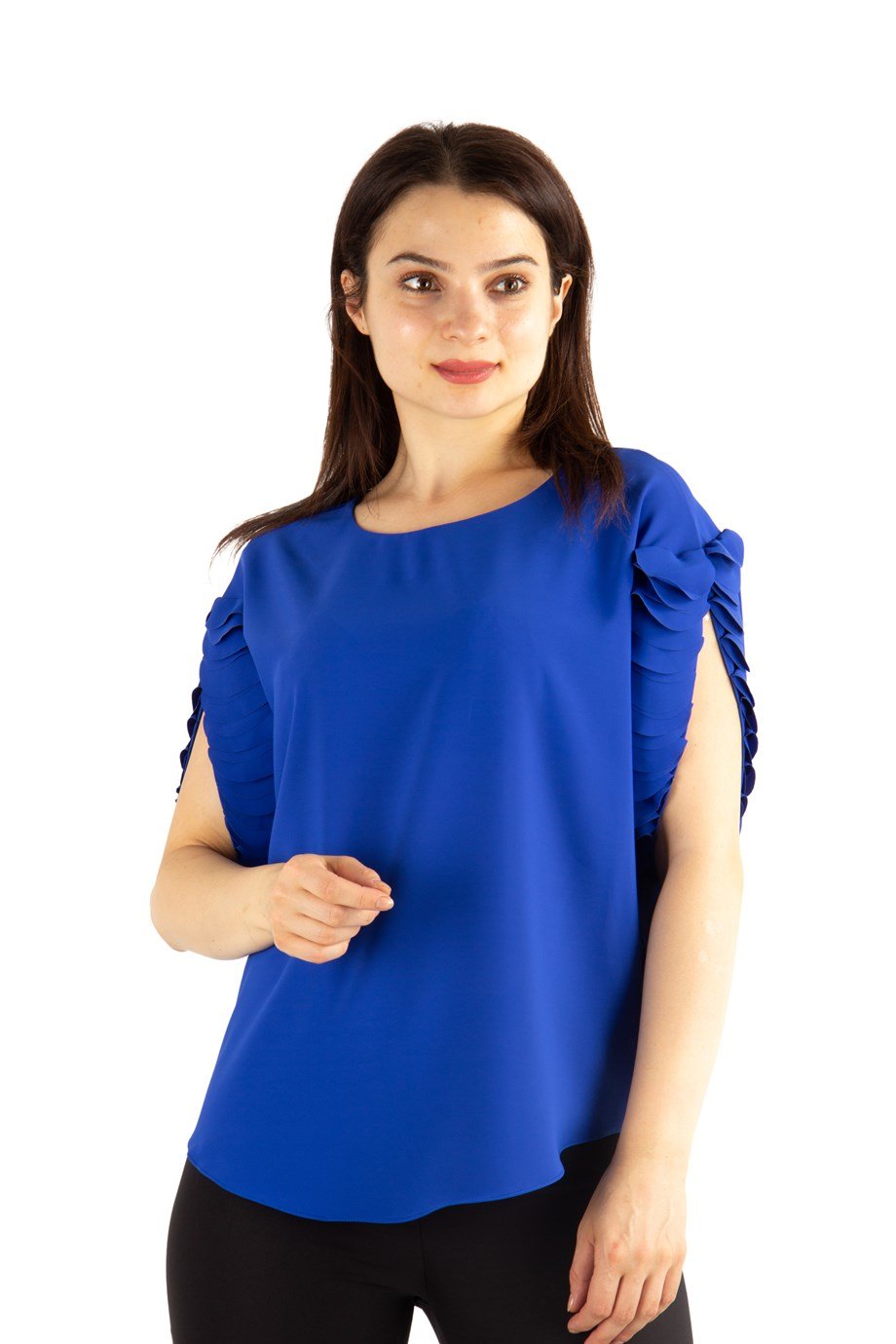 Boat Neck Ruffle Sleeve Blouse - Saxe