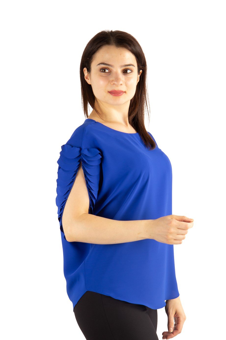 Boat Neck Ruffle Sleeve Blouse - Saxe