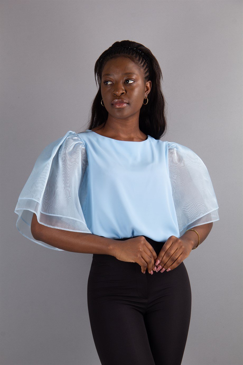 Boat Neck Ruffle Tulle Sleeve Blouse - Baby Blue