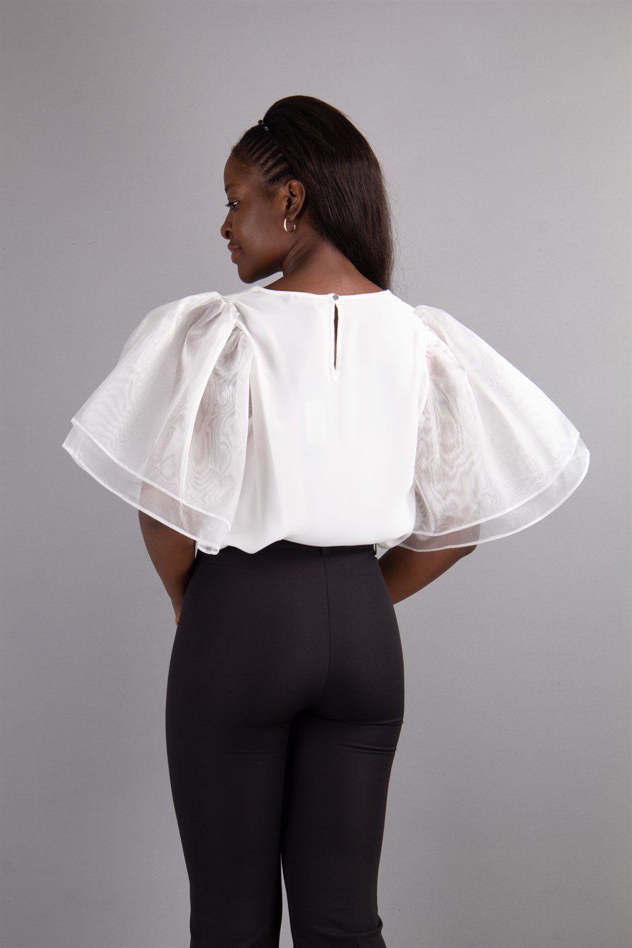Boat Neck Ruffle Tulle Sleeve Blouse - White