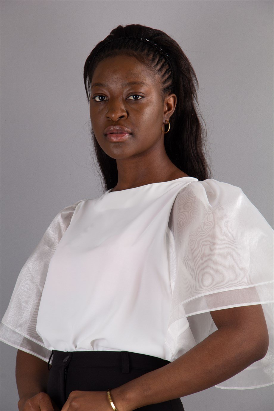 Boat Neck Ruffle Tulle Sleeve Blouse - White