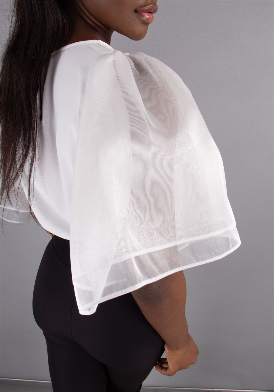 Boat Neck Ruffle Tulle Sleeve Blouse - White