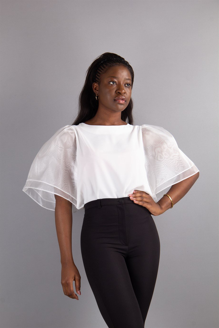 Boat Neck Ruffle Tulle Sleeve Blouse - White