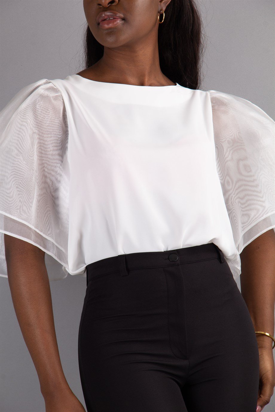 Boat Neck Ruffle Tulle Sleeve Blouse - White