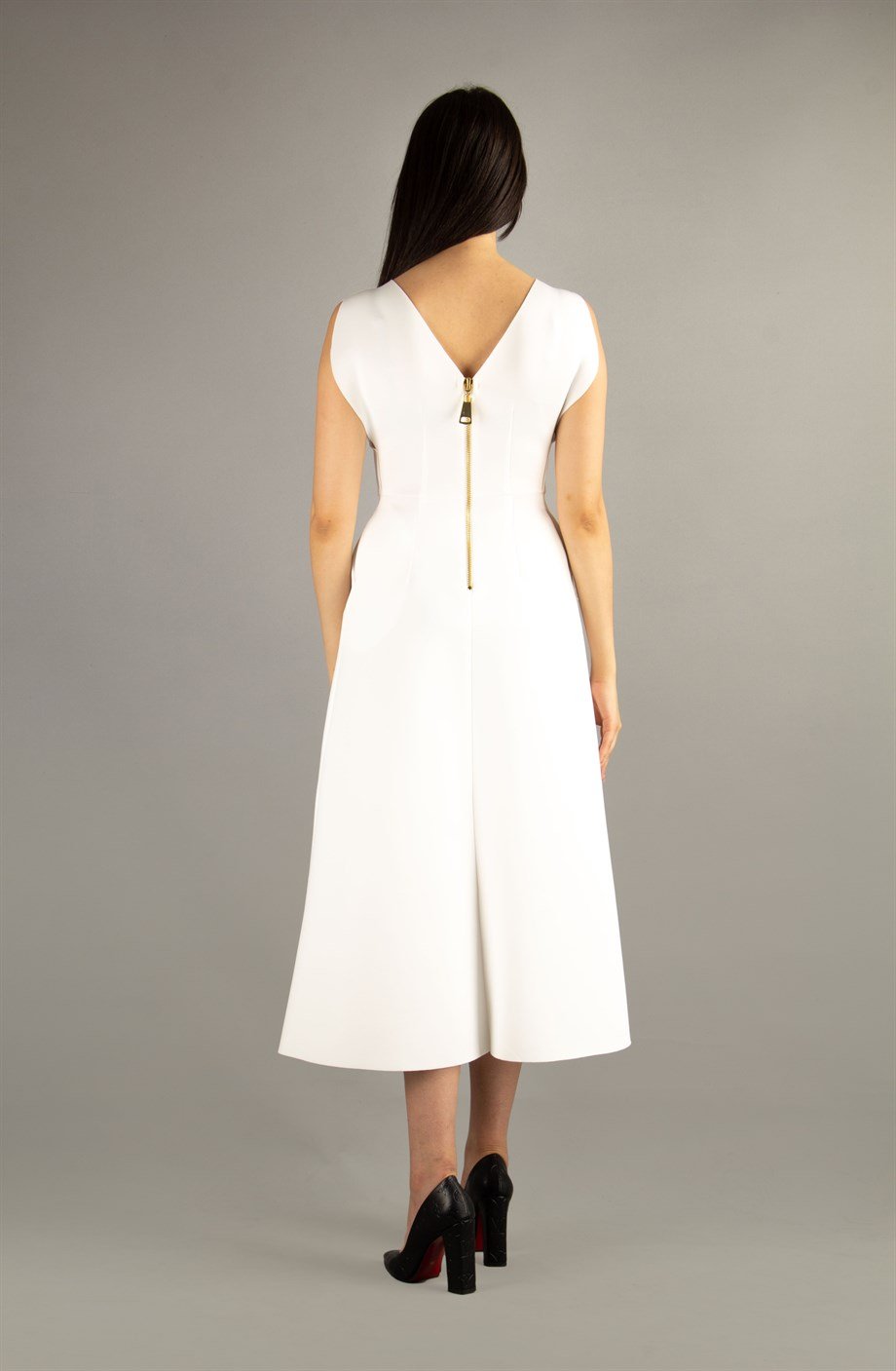 Boat Neck Sleeveles Pleated Waist Maxi Scuba Dress - White