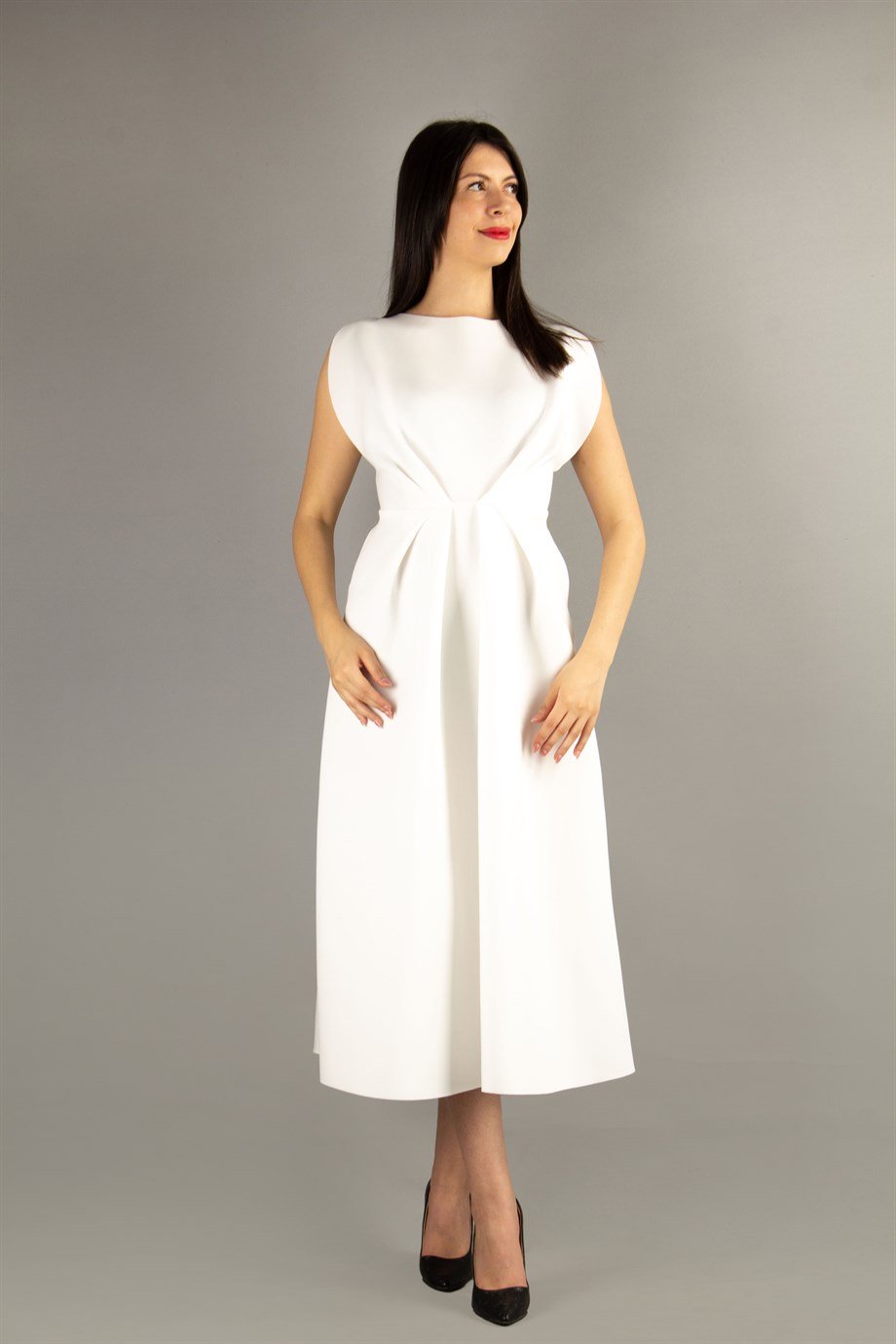 Boat Neck Sleeveles Pleated Waist Maxi Scuba Dress - White