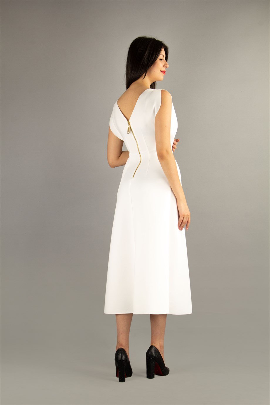 Boat Neck Sleeveles Pleated Waist Maxi Scuba Dress - White