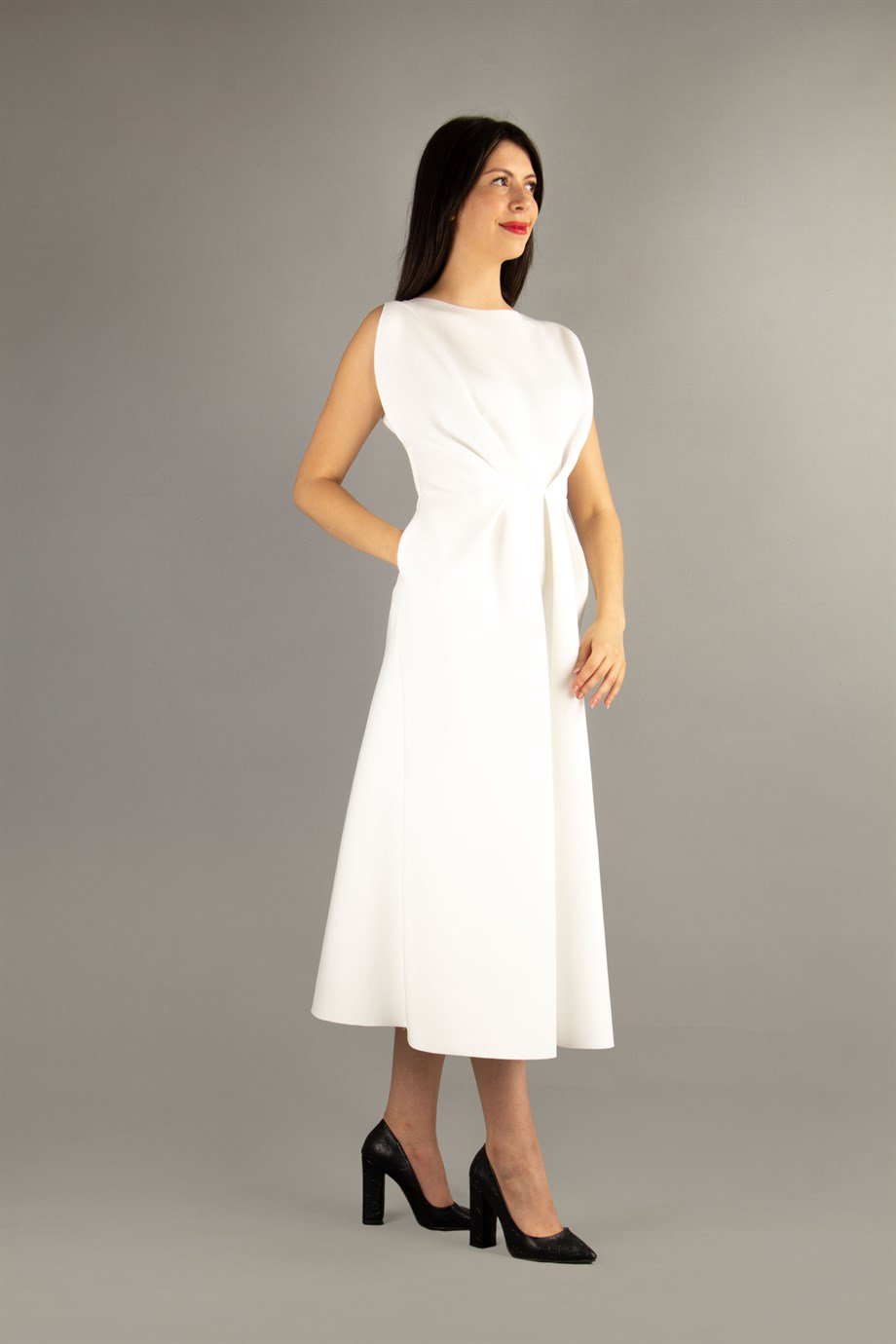 Boat Neck Sleeveles Pleated Waist Maxi Scuba Dress - White