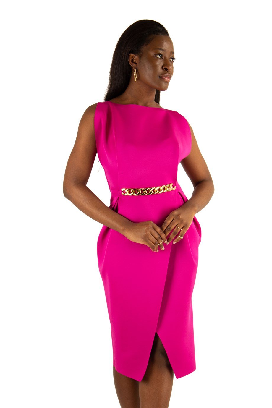 Boat Neck Sleeveles Slit Scuba Dress With Chain On Belt - Fuchsia