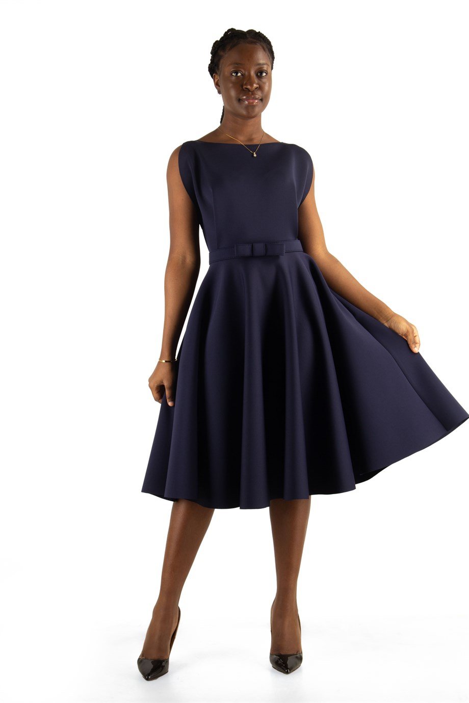 Boat Neck Sleeveless Flare Scuba Dress - Navy Blue