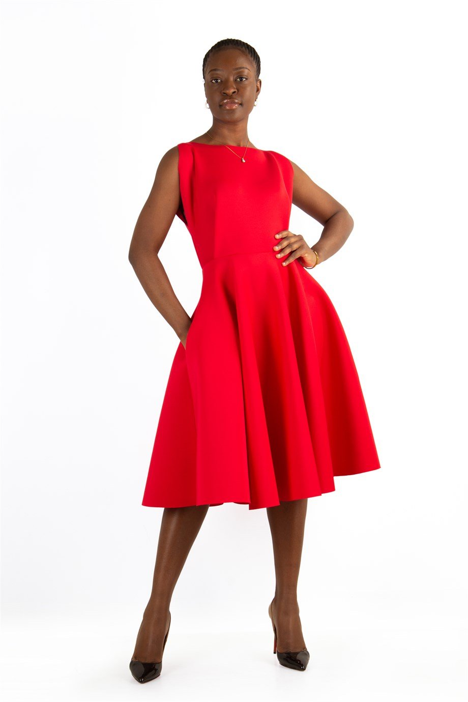 Boat Neck Sleeveless Flare Scuba Dress - Red