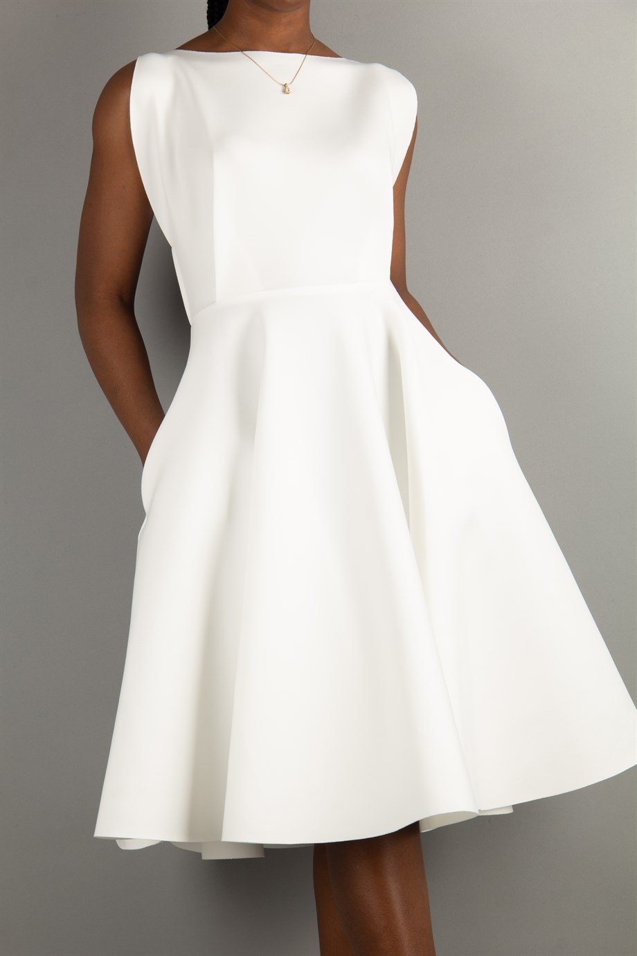 Boat Neck Sleeveless Flare Scuba Dress - White