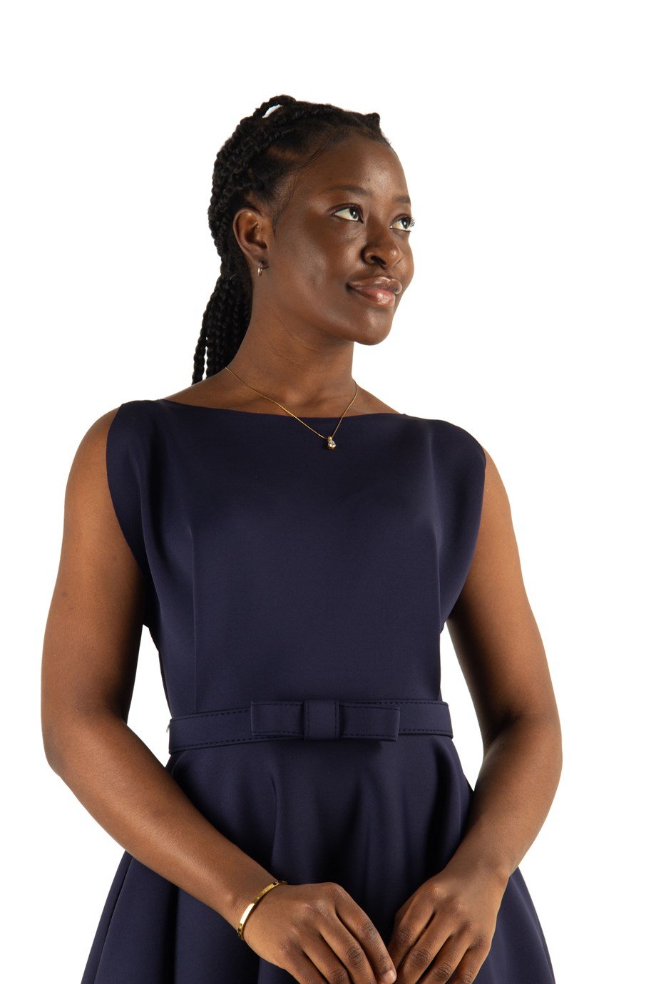 Boat Neck Sleeveless Flare Scuba Dress - Navy Blue