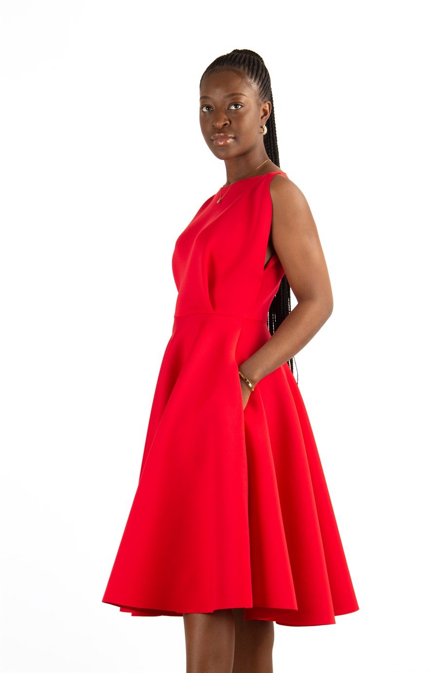 Boat Neck Sleeveless Flare Scuba Dress - Red
