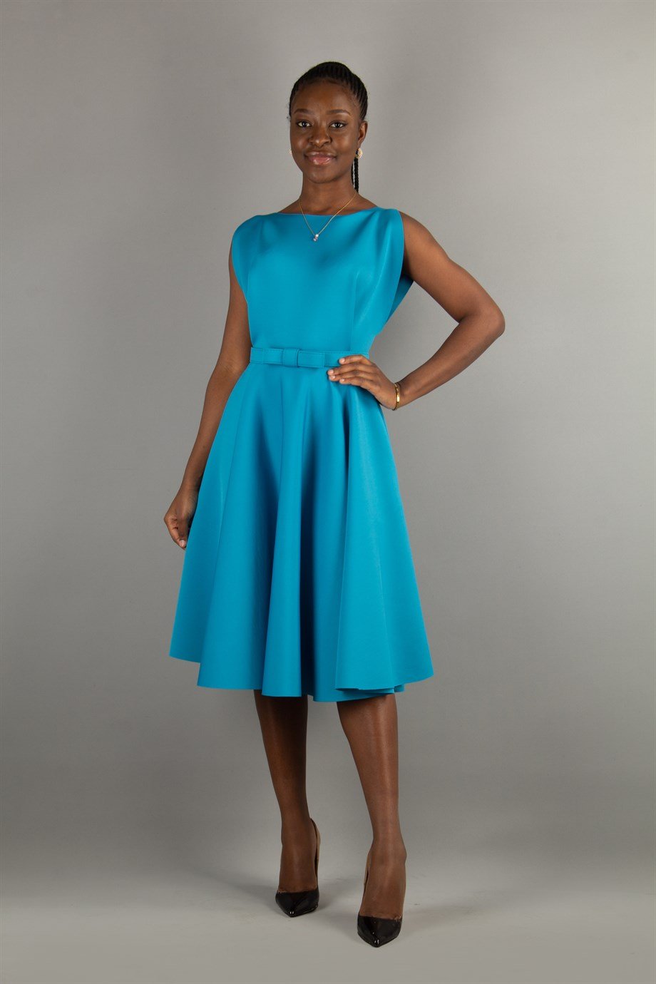 Boat Neck Sleeveless Flare Scuba Dress - Fuchsia