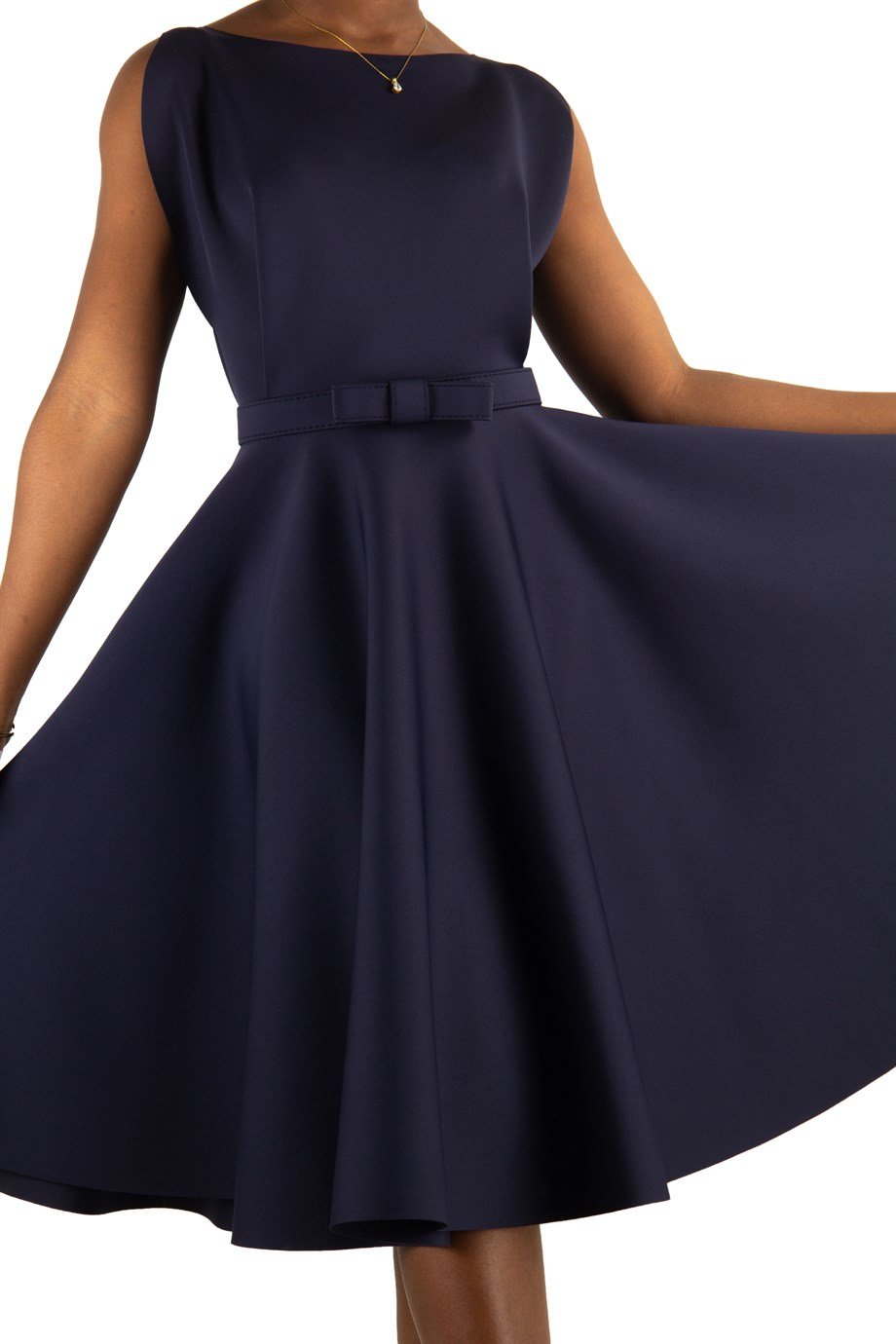 Boat Neck Sleeveless Flare Scuba Dress - Navy Blue
