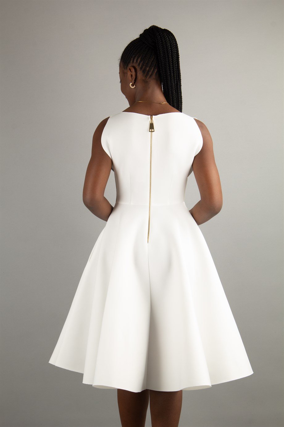 Boat Neck Sleeveless Flare Scuba Dress - White