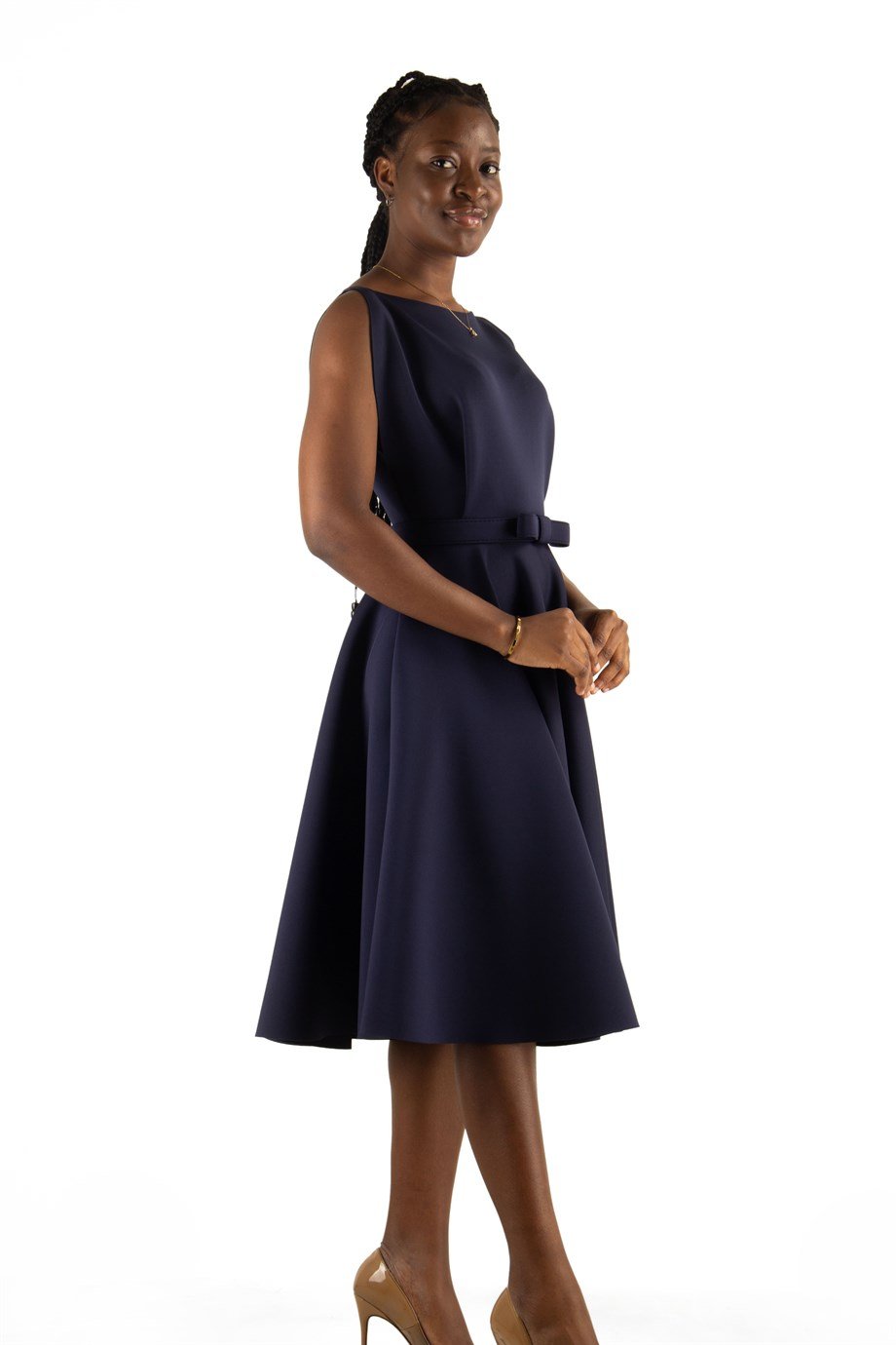 Boat Neck Sleeveless Flare Scuba Dress - Navy Blue