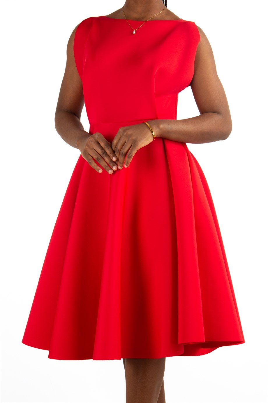 Boat Neck Sleeveless Flare Scuba Dress - Red