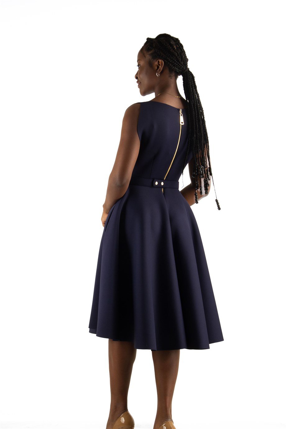Boat Neck Sleeveless Flare Scuba Dress - Navy Blue