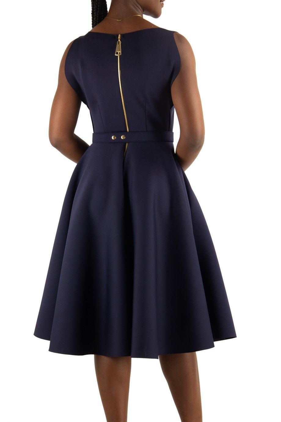 Boat Neck Sleeveless Flare Scuba Dress - Navy Blue