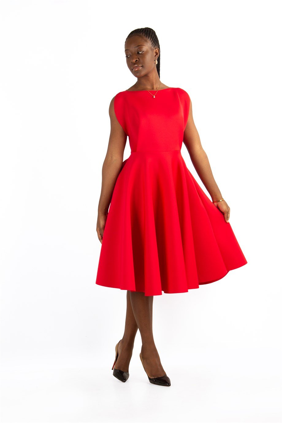 Boat Neck Sleeveless Flare Scuba Dress - Red