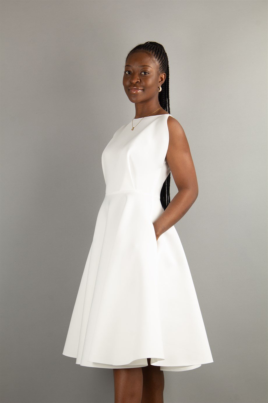 Boat Neck Sleeveless Flare Scuba Dress - White