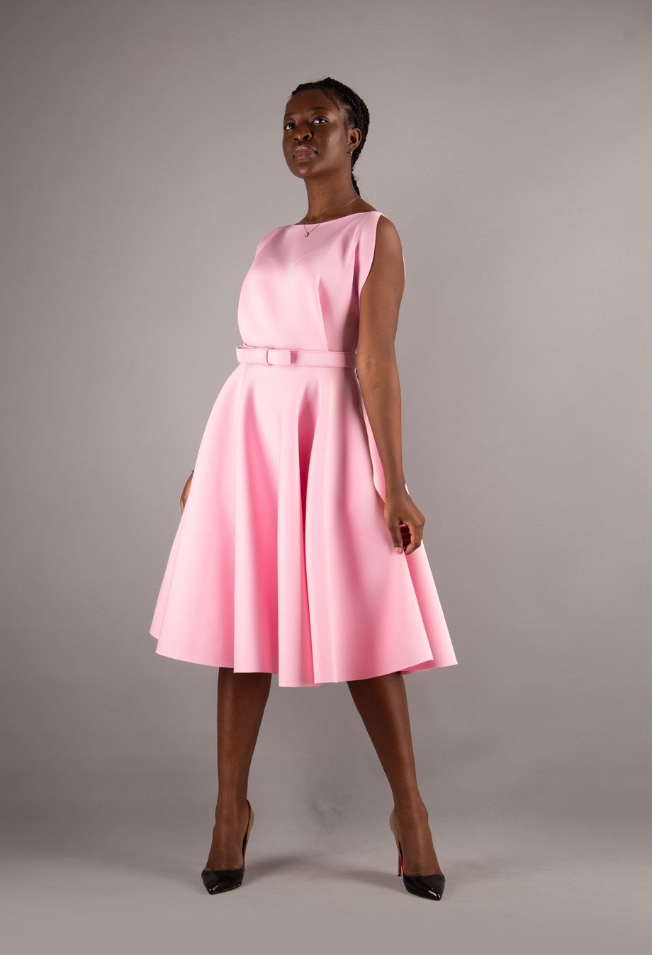 Boat Neck Sleeveless Flare Scuba Dress - Pink