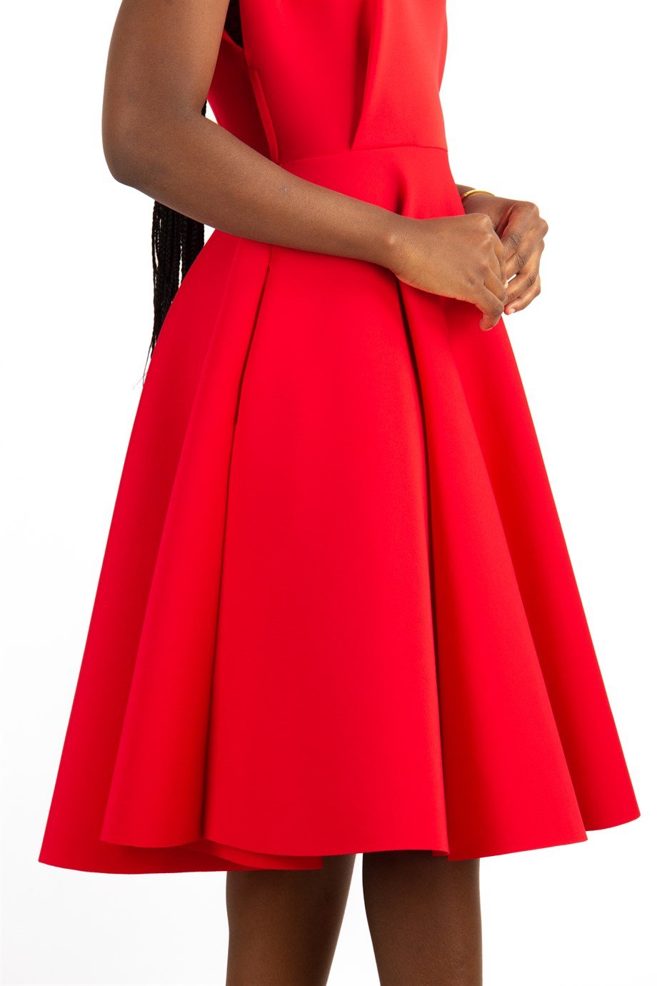 Boat Neck Sleeveless Flare Scuba Dress - Red