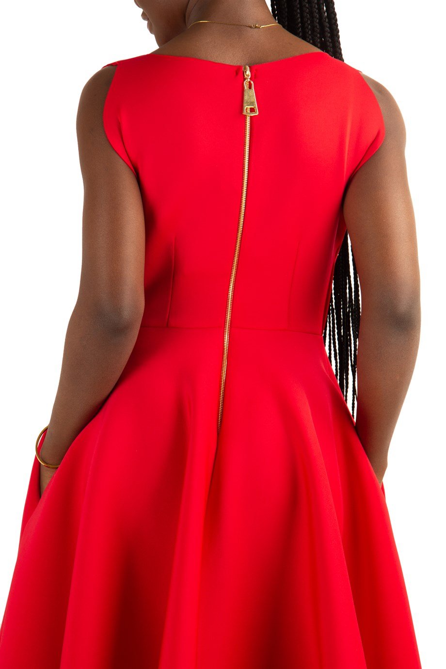 Boat Neck Sleeveless Flare Scuba Dress - Red