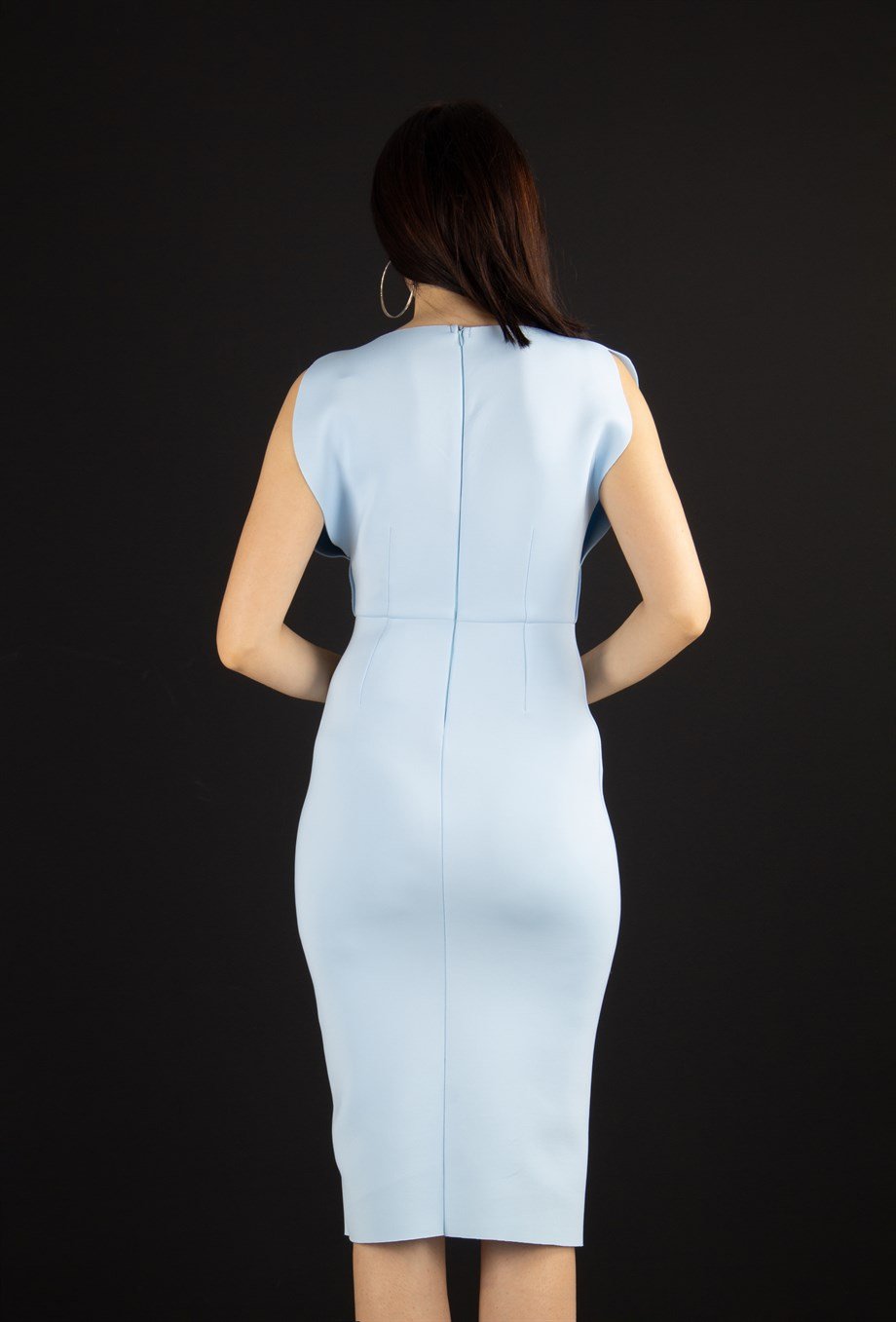 Boat Neck Sleeveless Zipper Slit Scuba Dress - Baby Blue