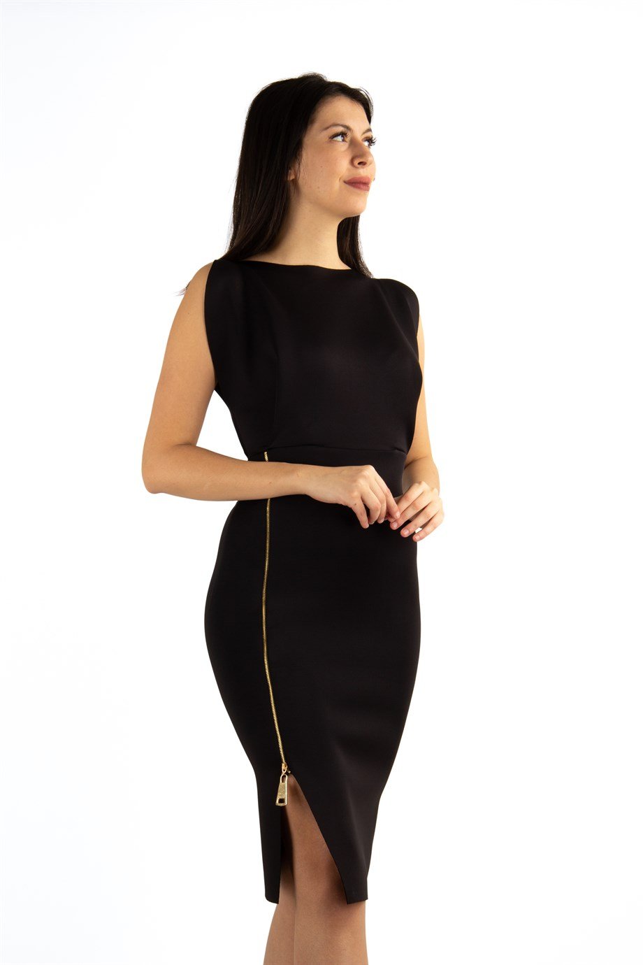 Boat Neck Sleeveless Zipper Slit Scuba Dress - Black