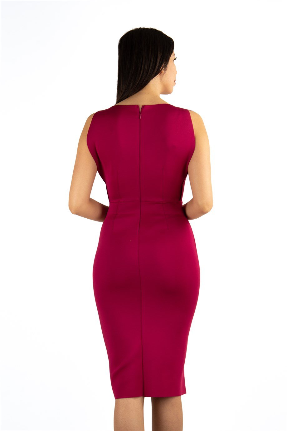 Boat Neck Sleeveless Zipper Slit Scuba Dress - Maroon