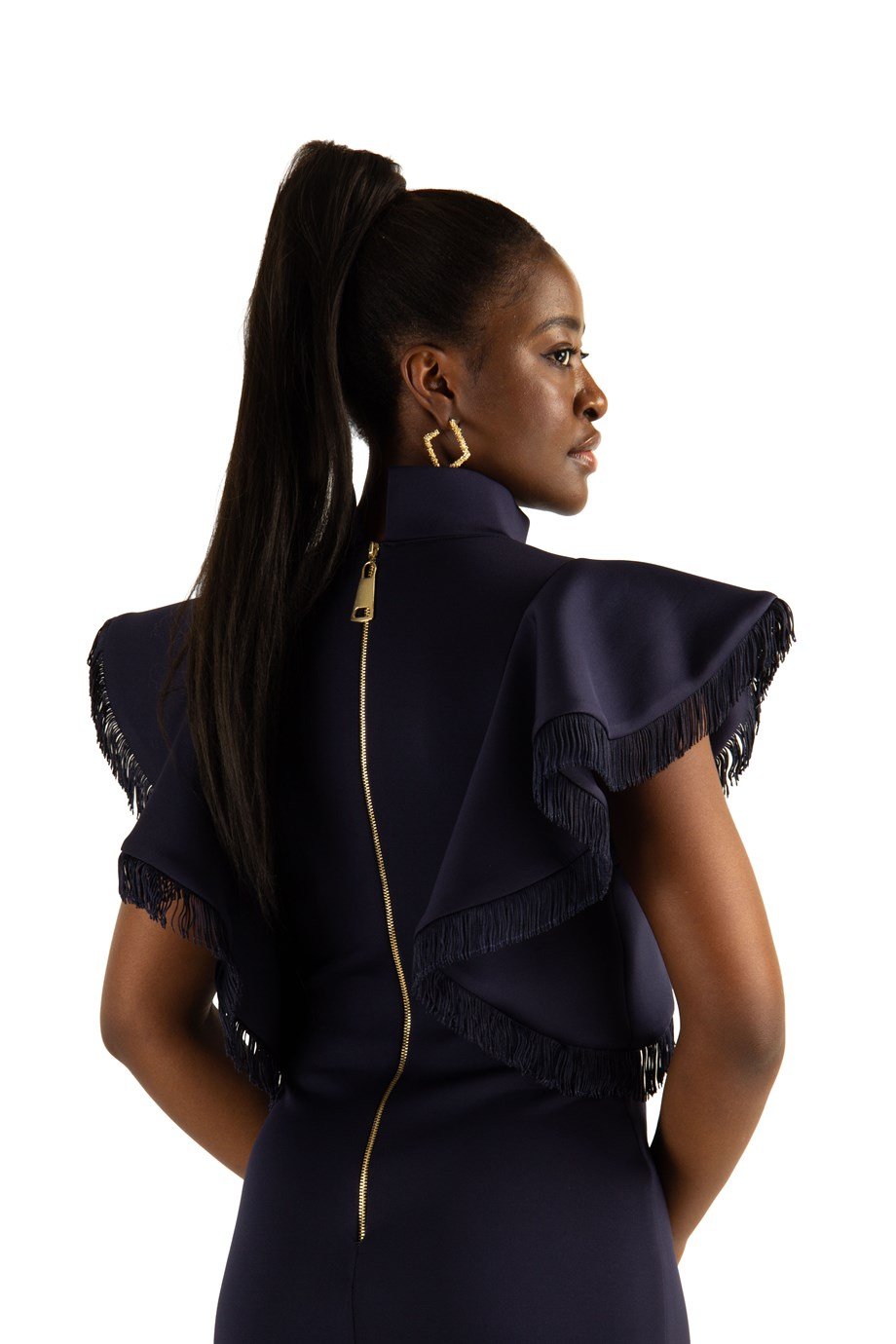 Bowknot Bow High Neck Ruffle Shoulder Scuba Dress - Navy Blue