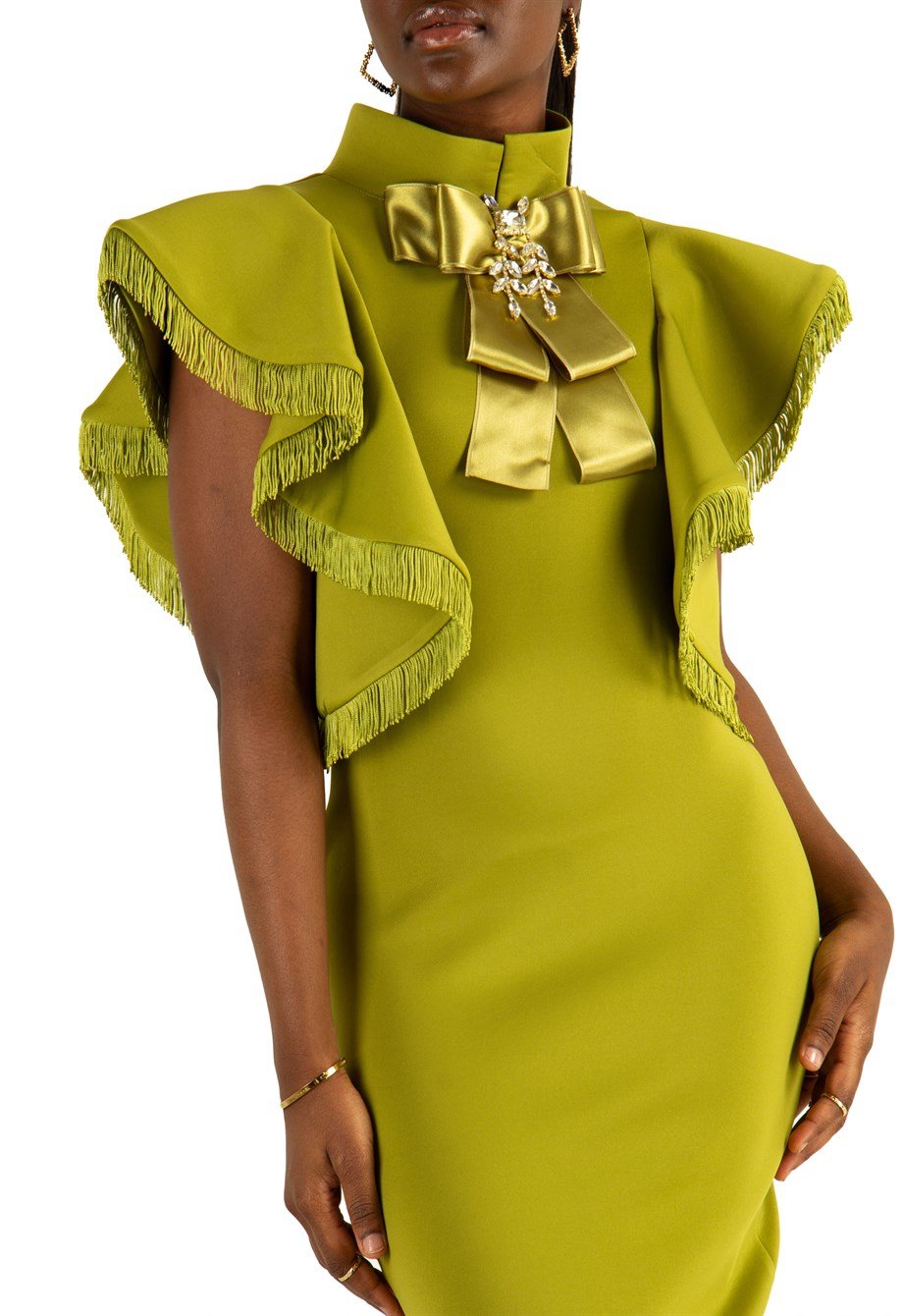 Bowknot Bow High Neck Ruffle Shoulder Scuba Dress - Khaki