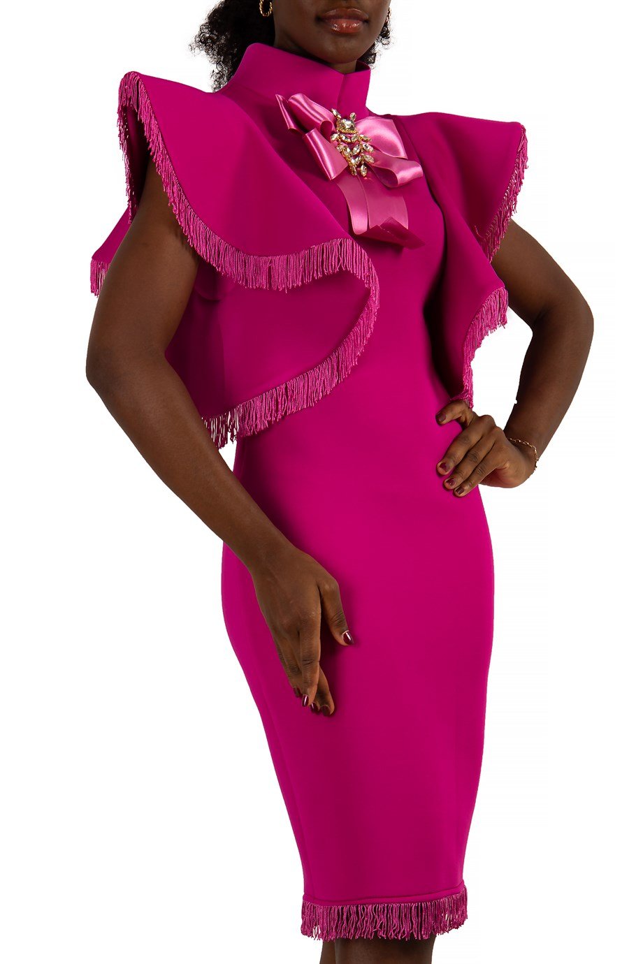 Bowknot Bow High Neck Ruffle Shoulder Scuba Dress