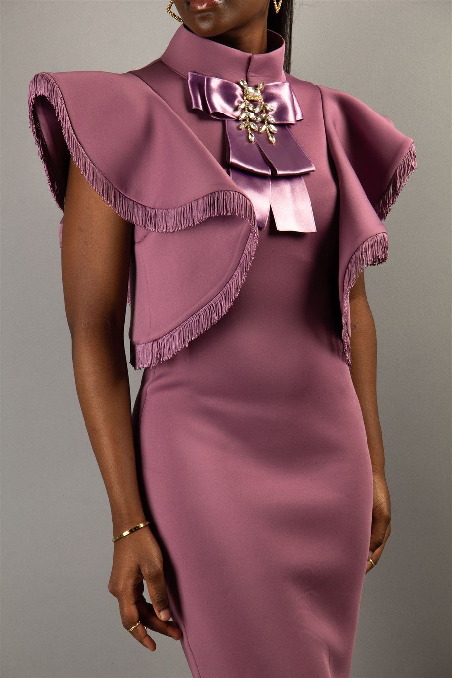 Bowknot Bow High Neck Ruffle Shoulder Scuba Dress - Rusty Rose