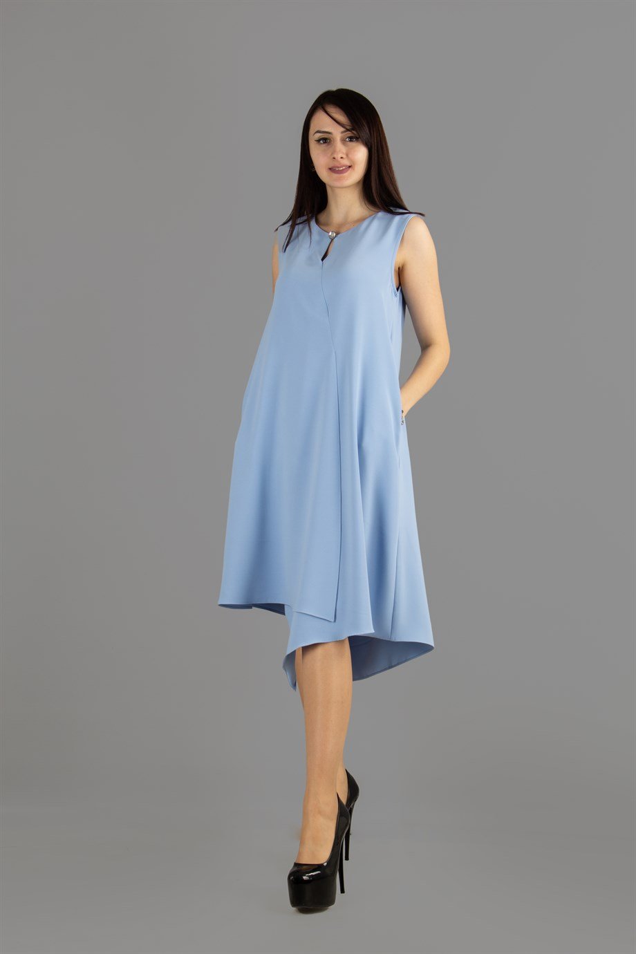 Brooch Collar Asymmetric Draped Dress - Baby Blue