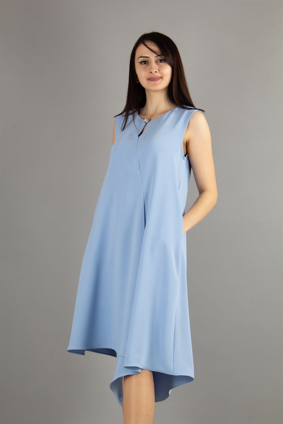 Brooch Collar Asymmetric Draped Dress - Baby Blue