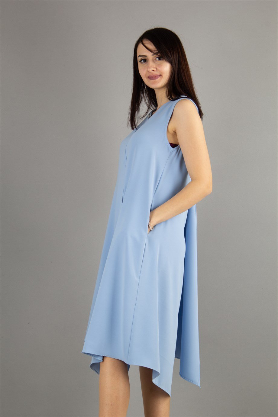 Brooch Collar Asymmetric Draped Dress - Baby Blue