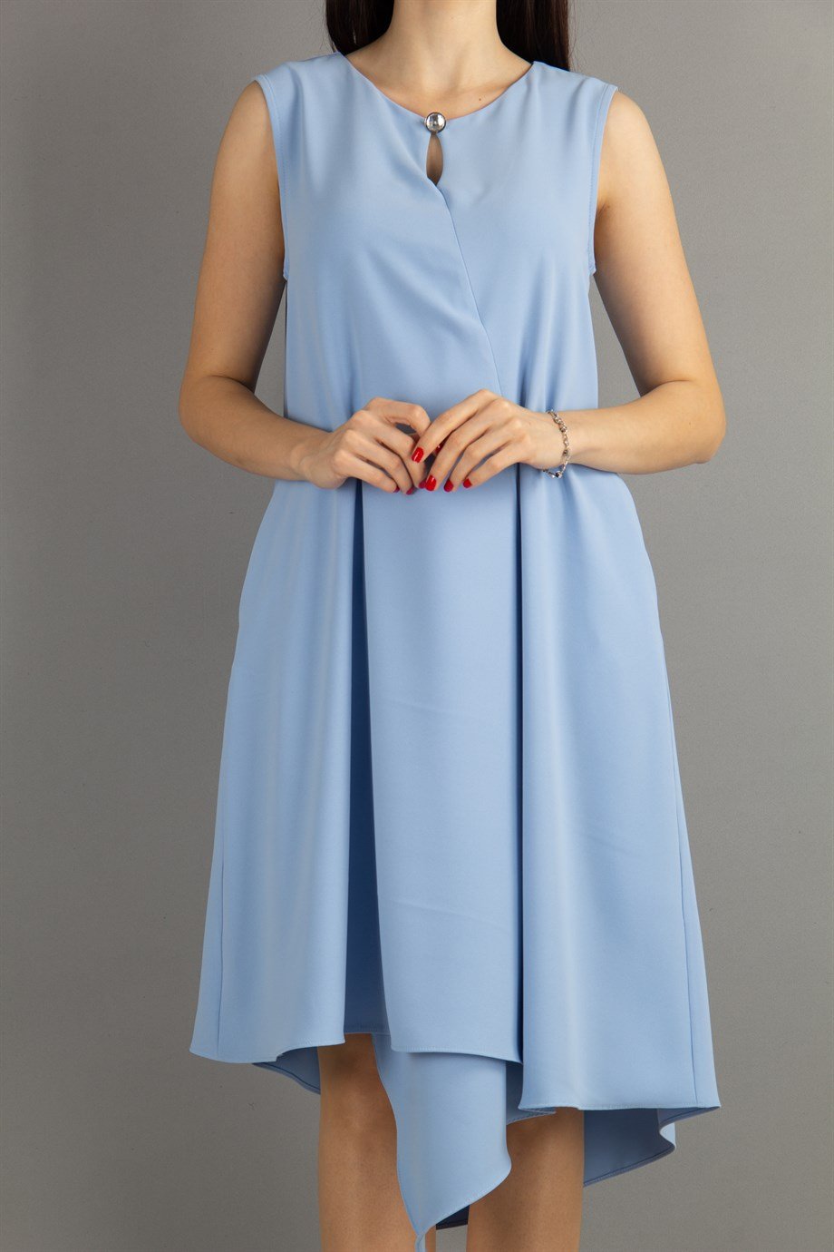 Brooch Collar Asymmetric Draped Dress - Baby Blue